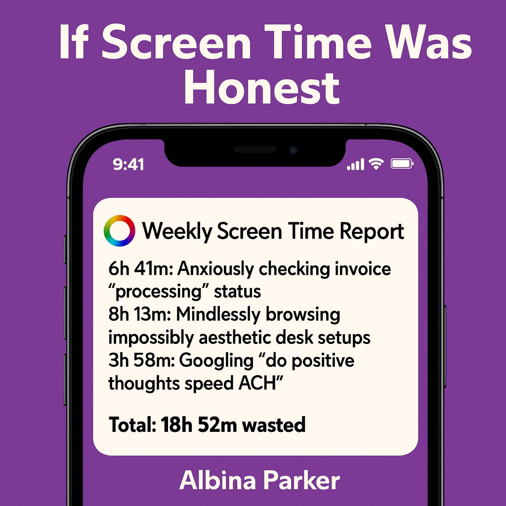 If Screen Time Was Honest
Weekly Screen Time Report
6h 41m: Anxiously checking invoice 'processing' status
8h 13m: Mindlessly browsing impossibly aesthetic desk setups
3h 58m: Googling do positive thoughts speed ACH
Total: 18h 52m wasted
