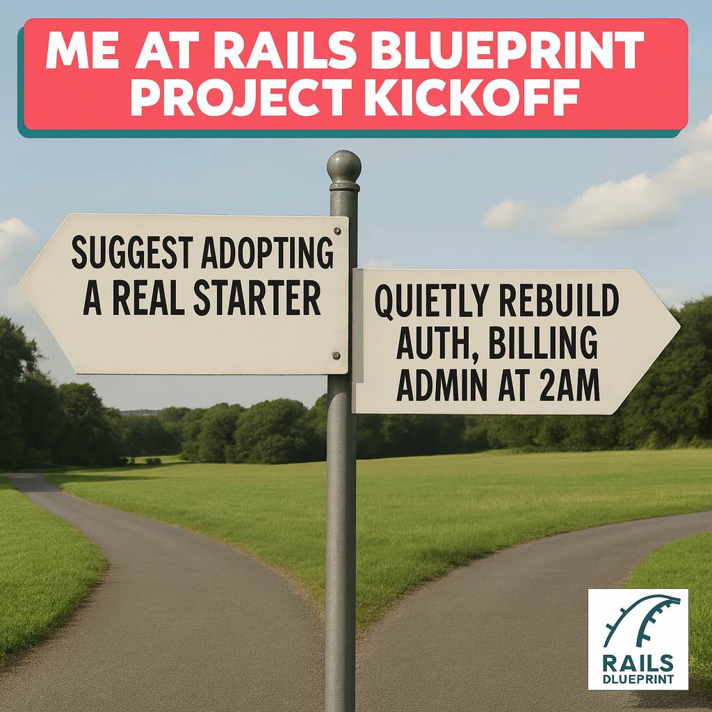 Left sign: Suggest adopting a real starter / Right sign: Quietly rebuild auth, billing, admin at 2am