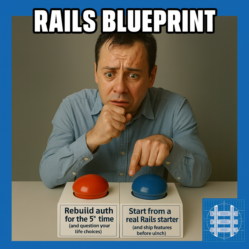 Button A: "Rebuild auth for the 9th time (and question your life choices)" Button B: "Start from a real Rails starter (and ship features before lunch)"