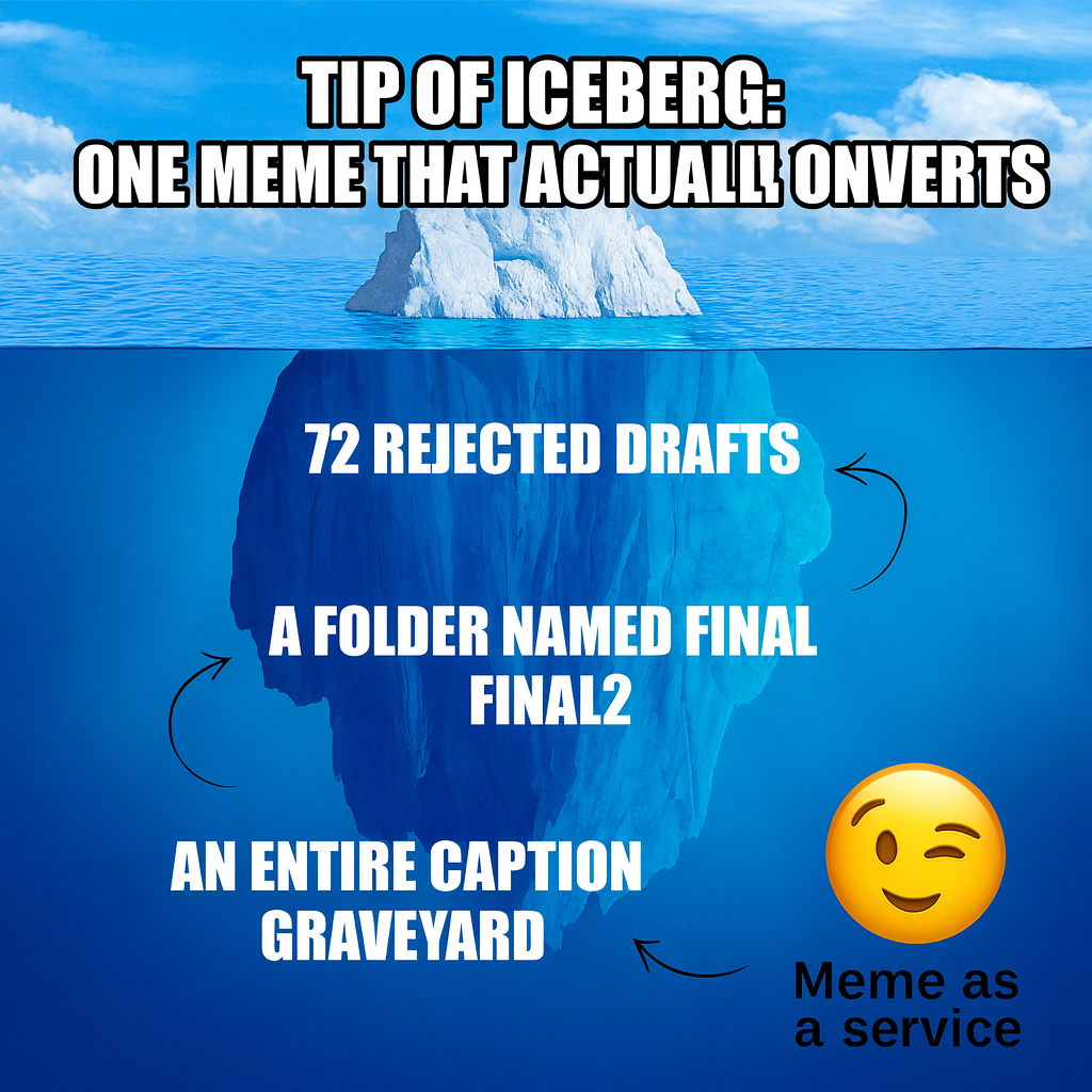 Tip of iceberg: one meme that actually converts / Underwater: 72 rejected drafts, a folder named final_final2, an entire caption graveyard