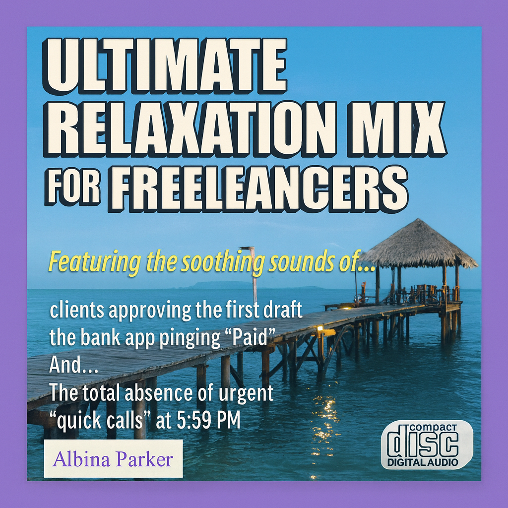 ULTIMATE RELAXATION MIX FOR freelancers
Featuring the soothing sounds of...
clients approving the first draft
the bank app pinging "Paid"
And...
The total absence of urgent "quick calls" at 5:59 PM