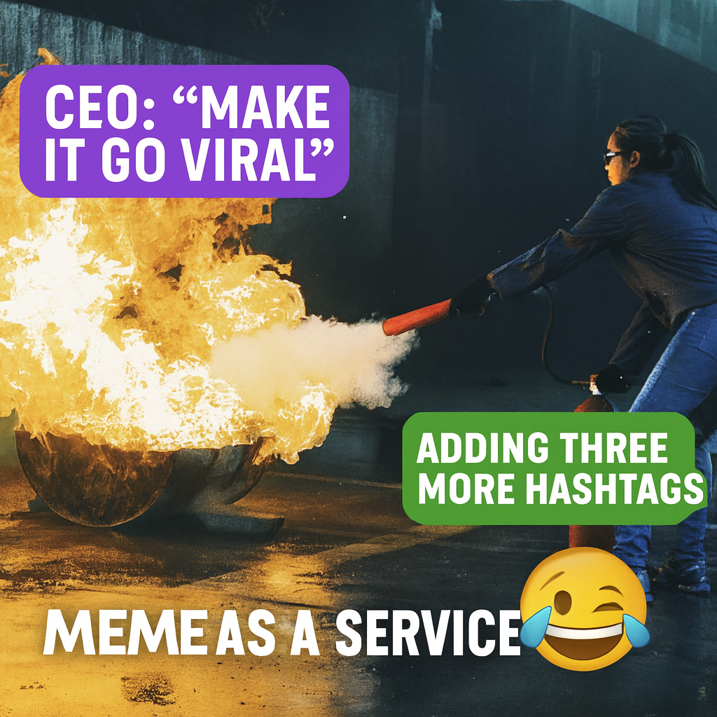 CEO: 'Make it go viral' IMAGE: PERSON USING FIRE EXTINGUISHER Adding three more hashtags