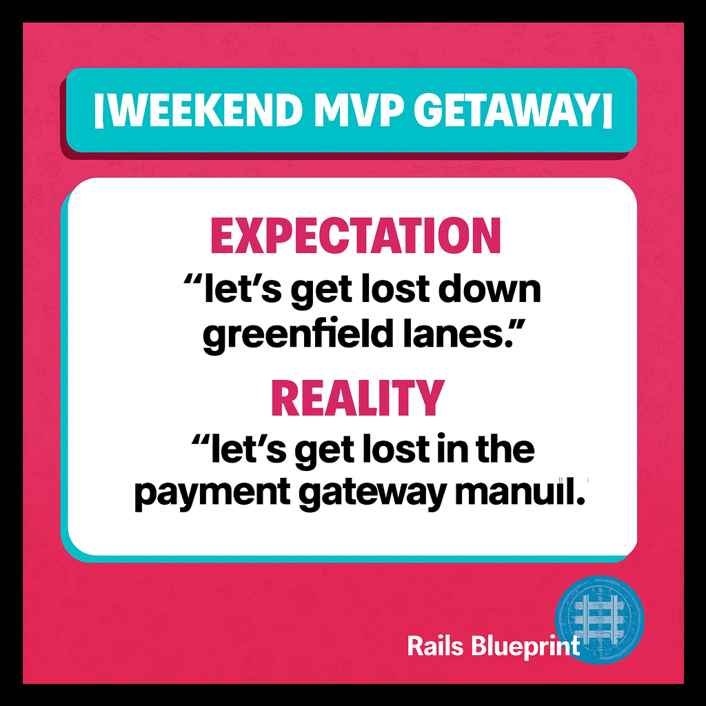 [WEEKEND MVP GETAWAY]

Expectation
let's get lost down greenfield lanes.

Reality
let's get lost in the payment gateway manual.