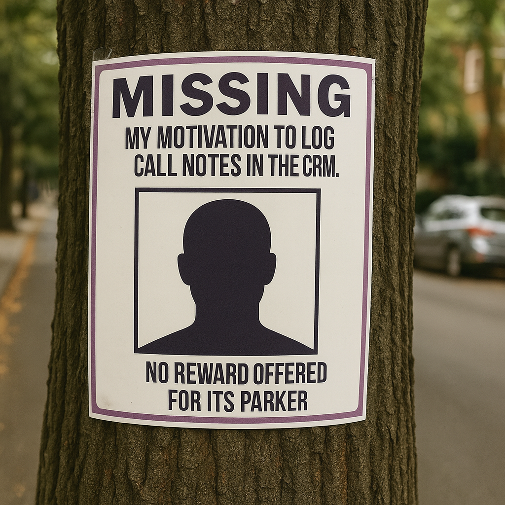 MISSING: My motivation to log call notes in the CRM.

[PICTURE OF BLANK FACE OUTLINE SILHOUETTE]

No reward offered for its return.