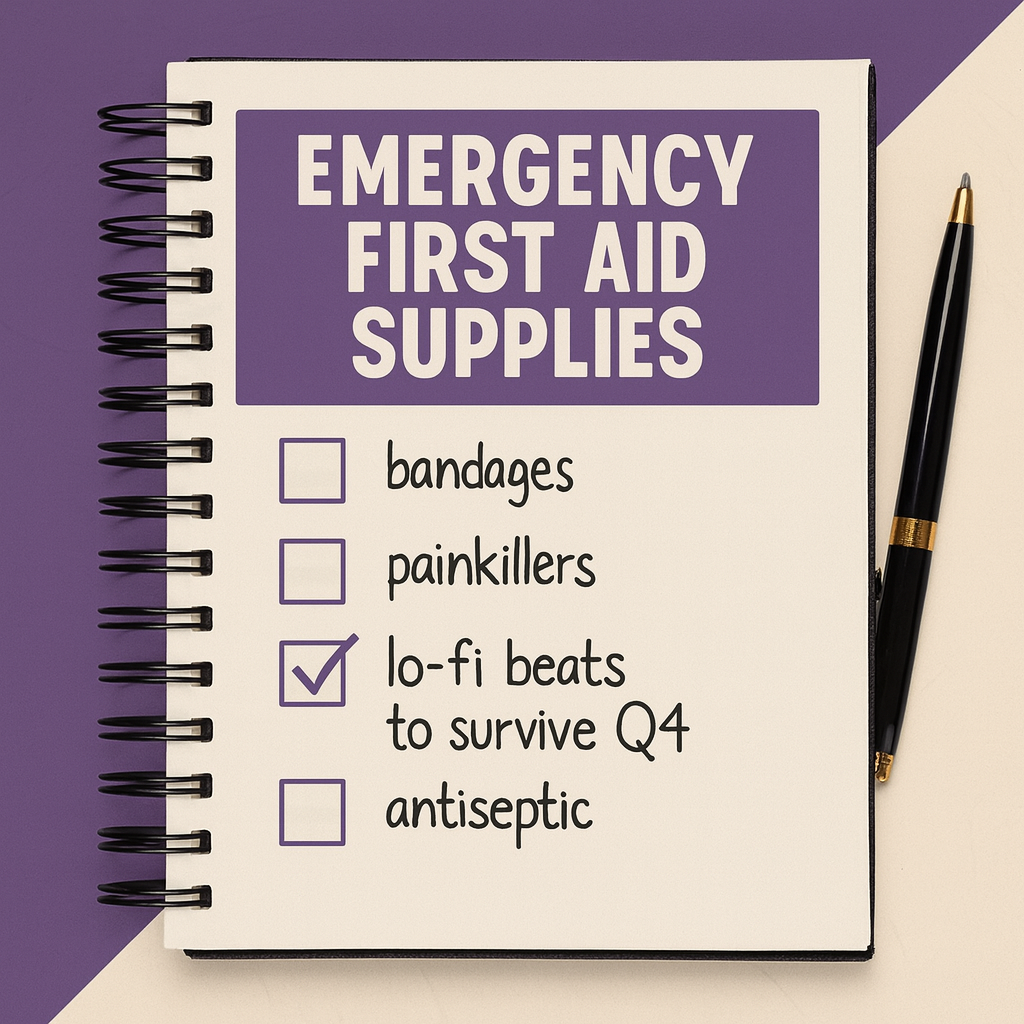 Emergency First Aid Supplies
[ ] bandages
[ ] painkillers
☑ lo-fi beats to survive Q4
[ ] antiseptic