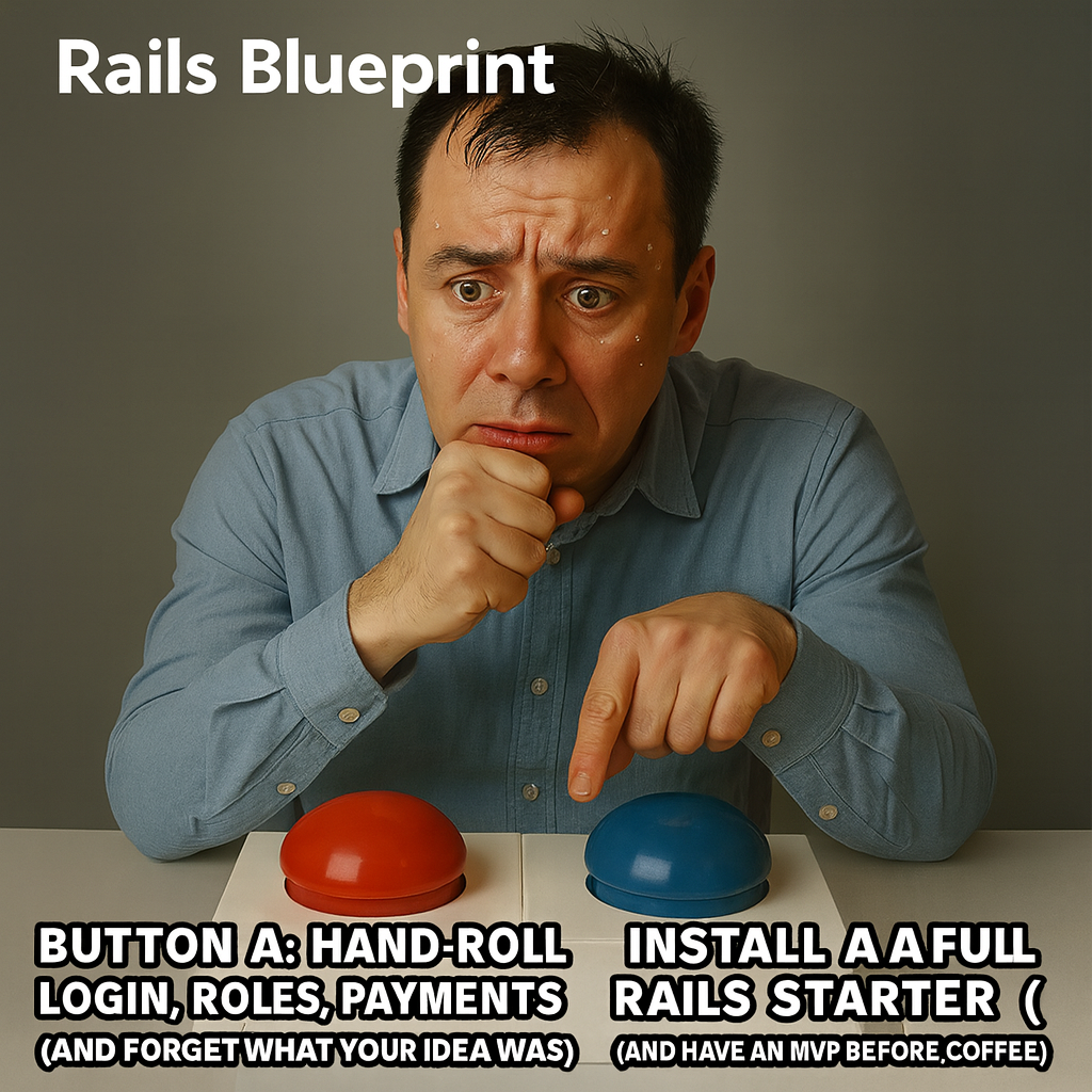 Button A: "Hand-roll login, roles, payments (and forget what your idea was)" Button B: "Install a full Rails starter (and have an MVP before coffee)"