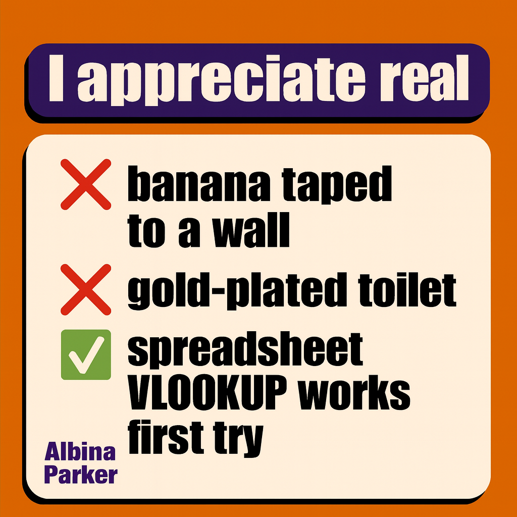 I appreciate real art...
❌ banana taped to a wall
❌ gold-plated toilet
✅ spreadsheet VLOOKUP works first try