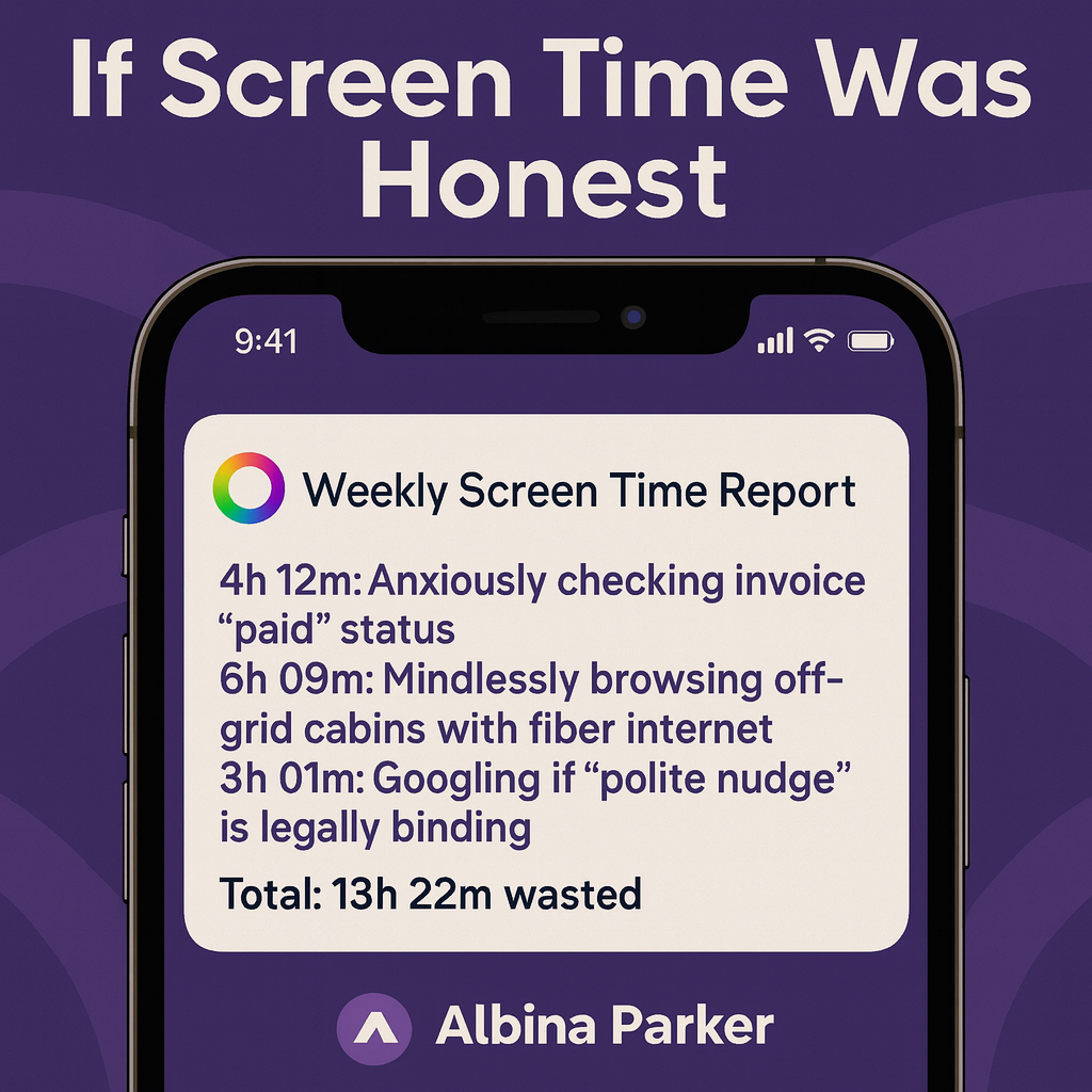 If Screen Time Was Honest
Weekly Screen Time Report
4h 12m: Anxiously checking invoice 'paid' status
6h 09m: Mindlessly browsing off-grid cabins with fiber internet
3h 01m: Googling if 'polite nudge' is legally binding
Total: 13h 22m wasted