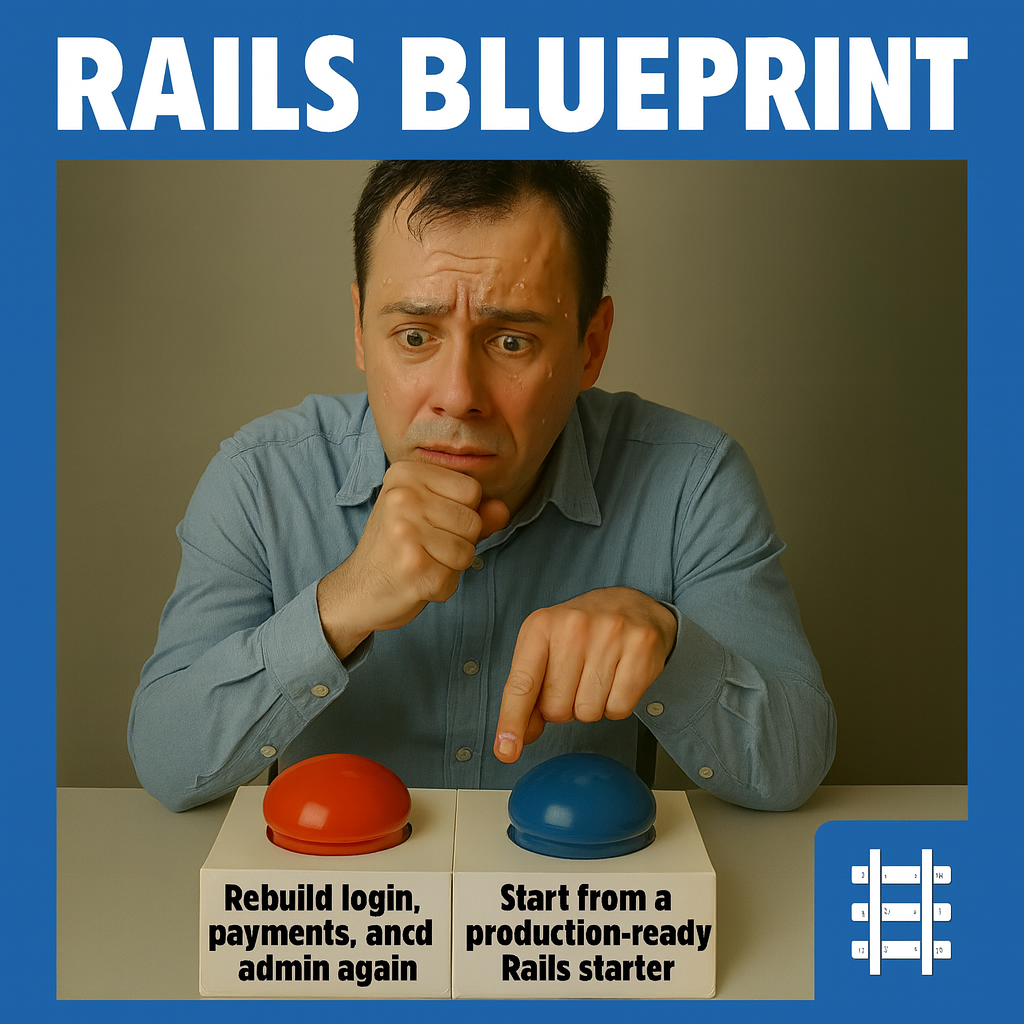 Button A: "Rebuild login, payments, and admin again (and and discover 19 edge cases at 2am)" Button B: "Start from a production-ready Rails starter (and and actually sleep this weekend)"