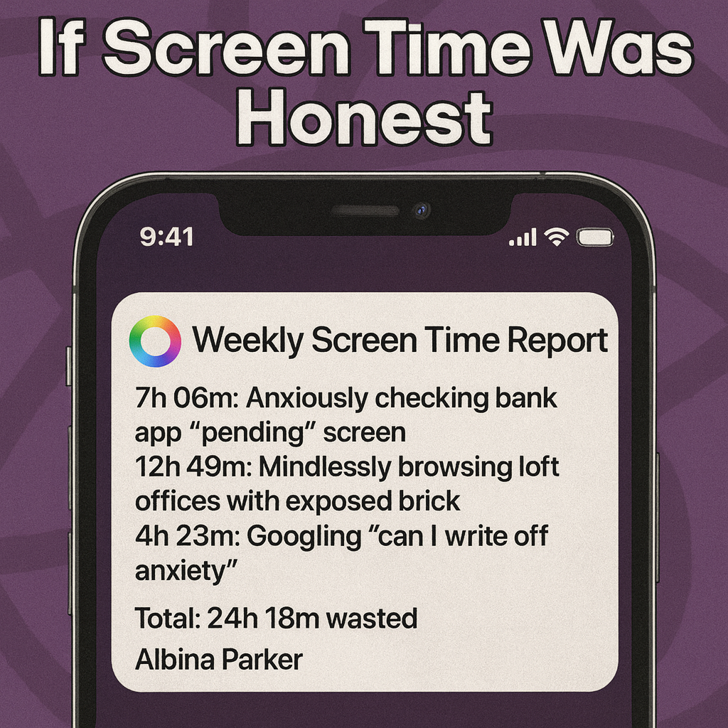 If Screen Time Was Honest
Weekly Screen Time Report
7h 06m: Anxiously checking bank app 'pending' screen
12h 49m: Mindlessly browsing loft offices with exposed brick
4h 23m: Googling can I write off anxiety
Total: 24h 18m wasted