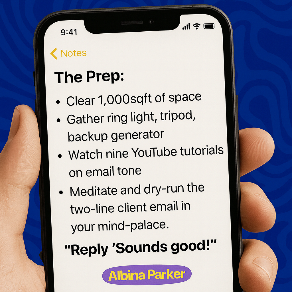 The Prep:
Clear 1,000 sq ft of space
Gather ring light, tripod, backup generator
Watch nine YouTube tutorials on email tone
Meditate and dry-run the two-line client email in your mind-palace

The Task:
"Reply 'Sounds good!'"