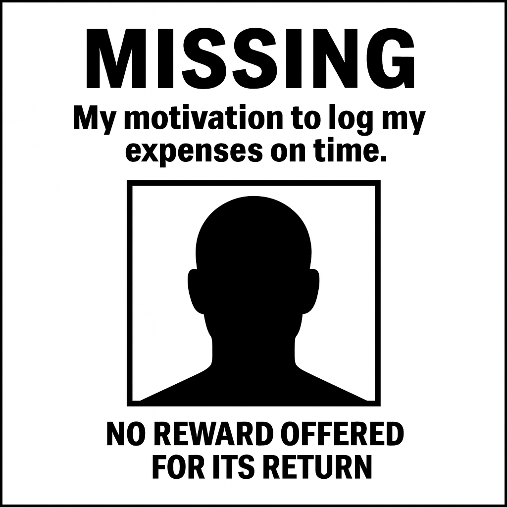 MISSING: My motivation to log my expenses on time.

[PICTURE OF BLANK FACE OUTLINE SILHOUETTE]

No reward offered for its return.