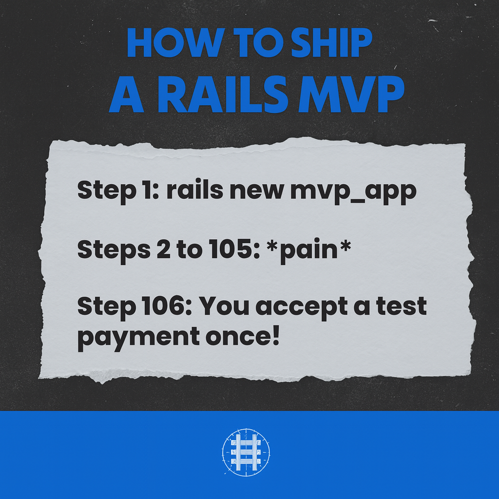 How to SHIP A RAILS MVP

Step 1: rails new mvp_app

Steps 2 to 105: *pain*

Step 106: You accept a test payment once!