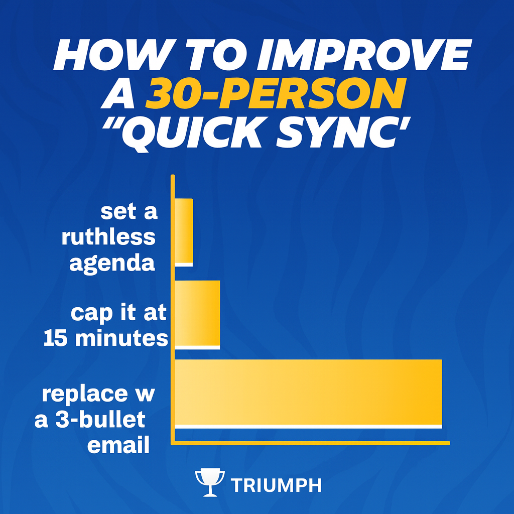 How to improve a 30-person 'quick sync'

set a ruthless agenda
cap it at 15 minutes
replace with a 3-bullet email