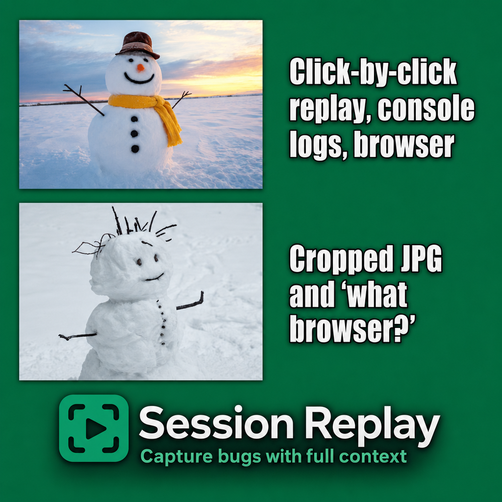Click-by-click replay, console logs, browser
Cropped JPG and 'what browser?'