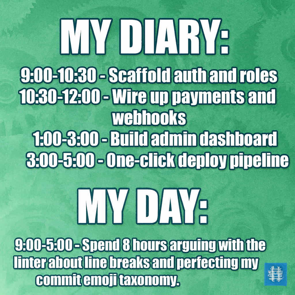 My Diary: "9:00-10:30 - Scaffold auth and roles" "10:30-12:00 - Wire up payments and webhooks" "1:00-3:00 - Build admin dashboard" "3:00-5:00 - One-click deploy pipeline"

My Day: "9:00-5:00 - Spend 8 hours arguing with the linter about line breaks and perfecting my commit emoji taxonomy."