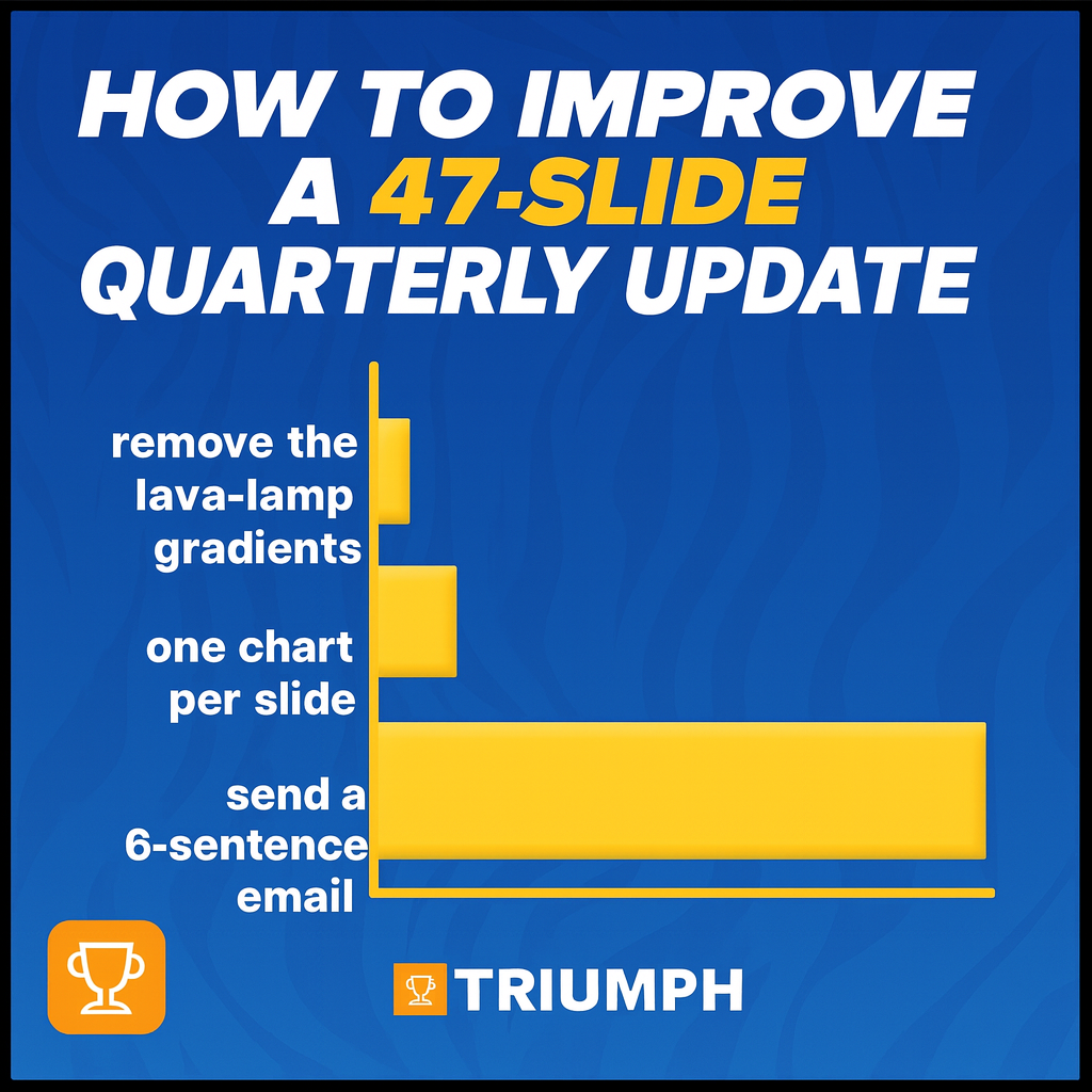 How to improve a 47-slide quarterly update

remove the lava-lamp gradients
one chart per slide
send a 6-sentence email