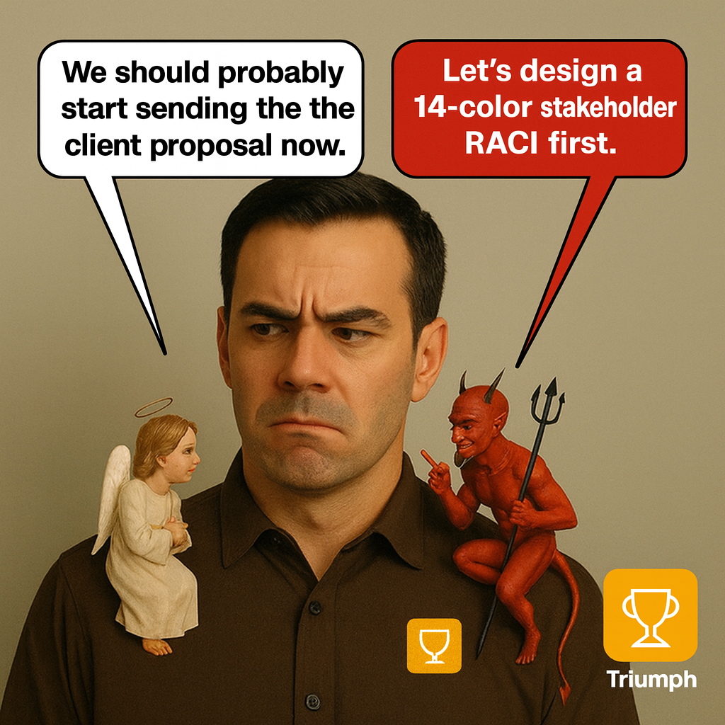 Angel: 'We should probably start sending the client proposal now.' Devil: 'Let's design a 14-color stakeholder RACI first.'