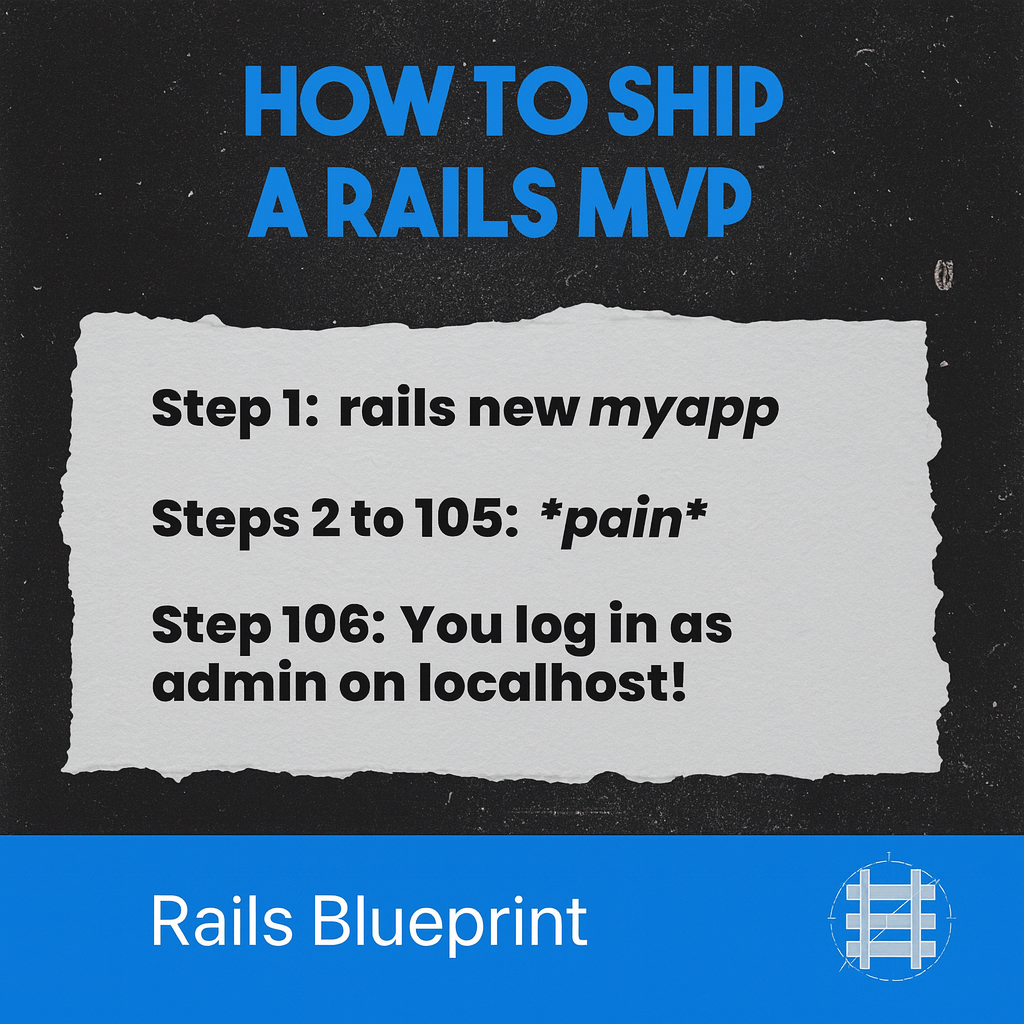 How to SHIP A RAILS MVP

Step 1: rails new myapp

Steps 2 to 105: *pain*

Step 106: You log in as admin on localhost!
