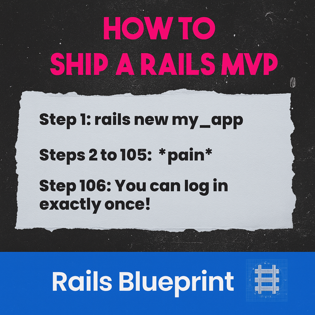 How to SHIP A RAILS MVP

Step 1: rails new my_app

Steps 2 to 105: *pain*

Step 106: You can log in exactly once!