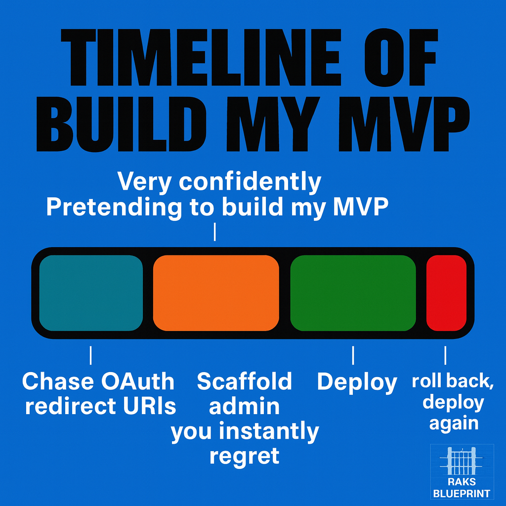 Timeline of build my MVP - [Battery-style bar graph divided into segments:] Chase OAuth redirect URLs, Very confidently Pretending to build my MVP, Scaffold admin you instantly regret, Deploy, roll back, deploy again