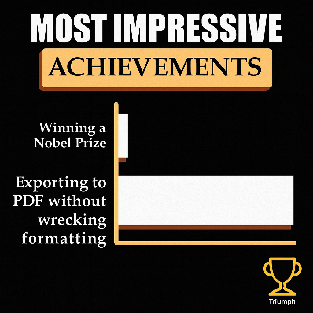 Most Impressive Achievements

Winning a Nobel Prize

Exporting to PDF without wrecking formatting
