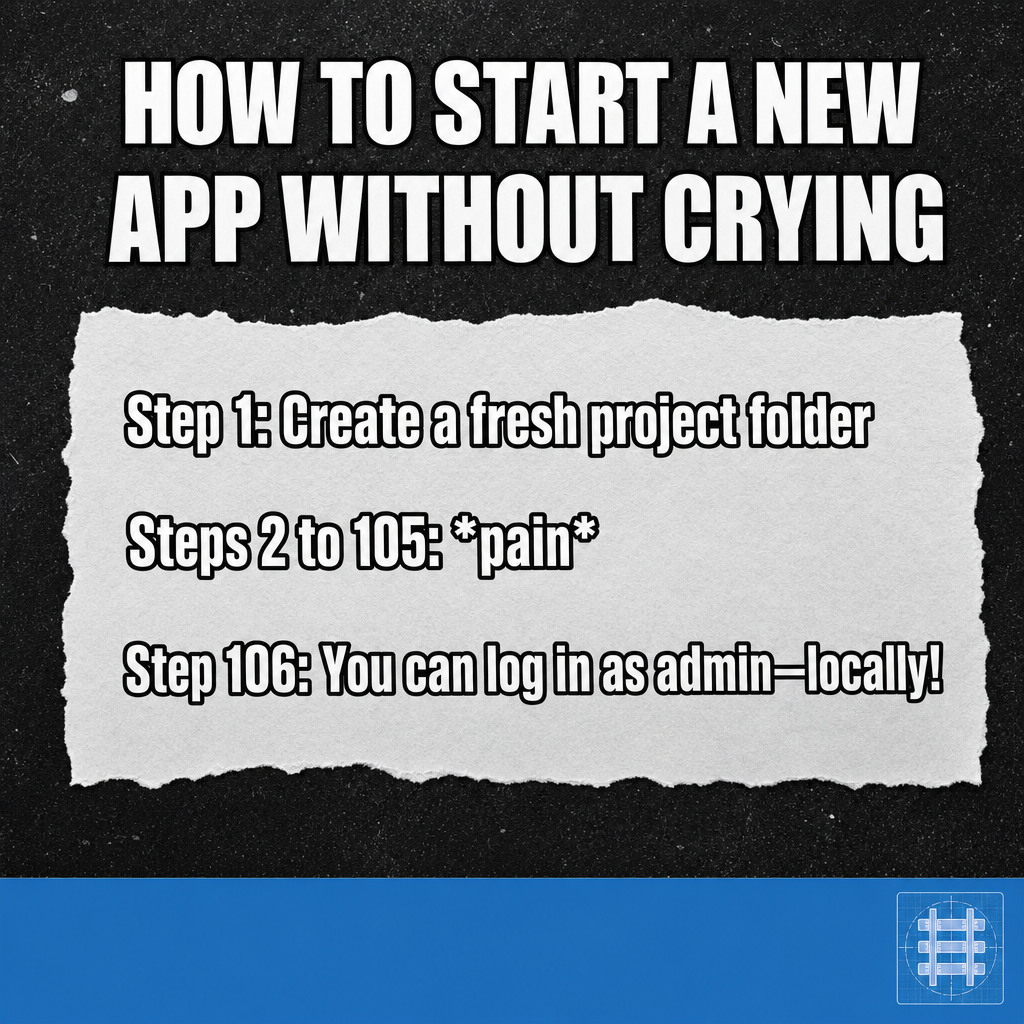 How to start a new app without crying

Step 1: Create a fresh project folder

Steps 2 to 105: *pain*

Step 106: You can log in as admin—locally!