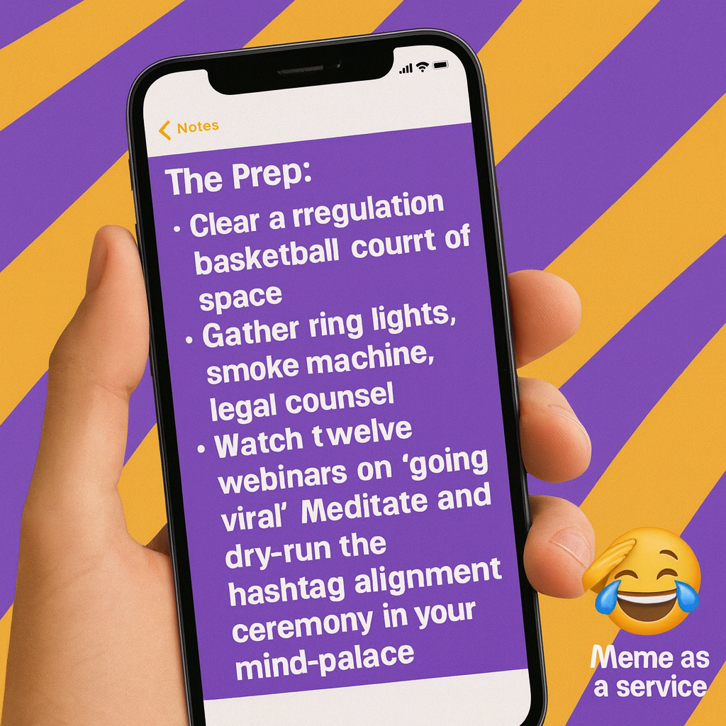 The Prep:
Clear a regulation basketball court of space
Gather ring lights, smoke machine, legal counsel
Watch twelve webinars on 'going viral'
Meditate and dry-run the hashtag alignment ceremony in your mind-palace

The Task:
"post a single meme"
