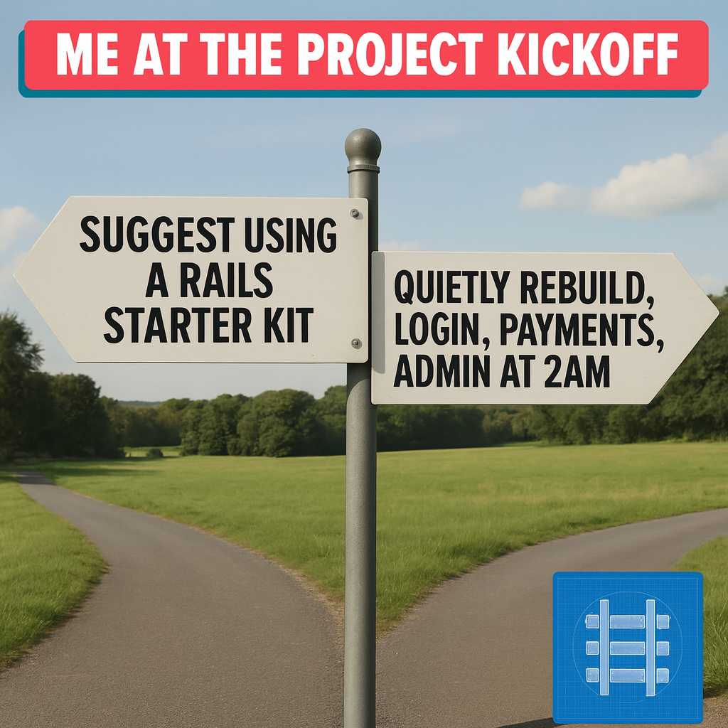 Left sign: SUGGEST USING A RAILS STARTER KIT / Right sign: QUIETLY REBUILD LOGIN, PAYMENTS, ADMIN AT 2AM