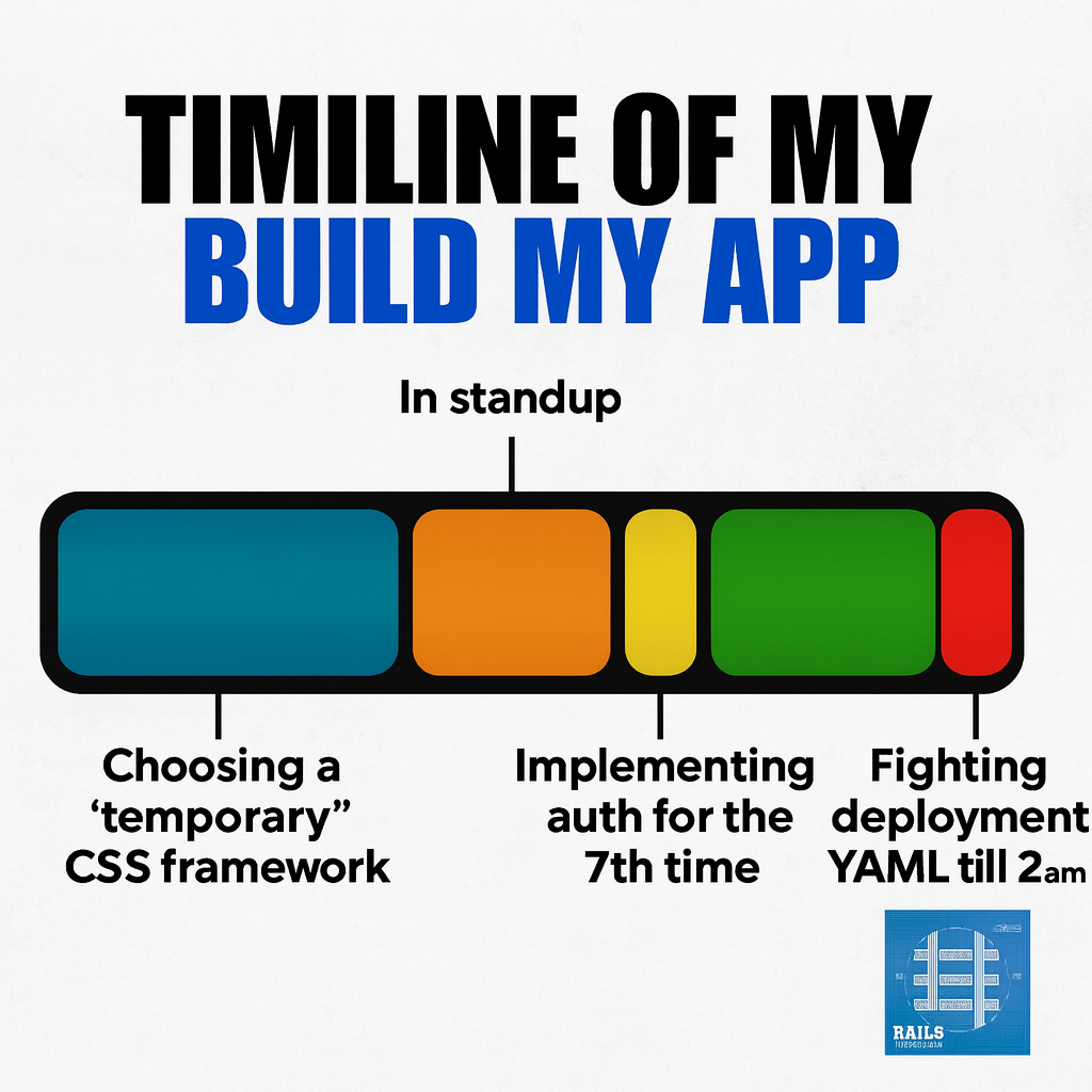 Timeline of BUILD MY APP - [Battery-style bar graph divided into segments:] Choosing a 'temporary' CSS framework, In standup Pretending to BUILD MY APP, Implementing auth for the 7th time, Fighting deployment YAML till 2am