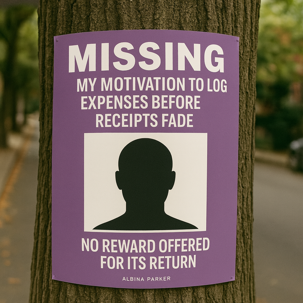 MISSING: My motivation to log expenses before receipts fade.

[PICTURE OF BLANK FACE OUTLINE SILHOUETTE]

No reward offered for its return.