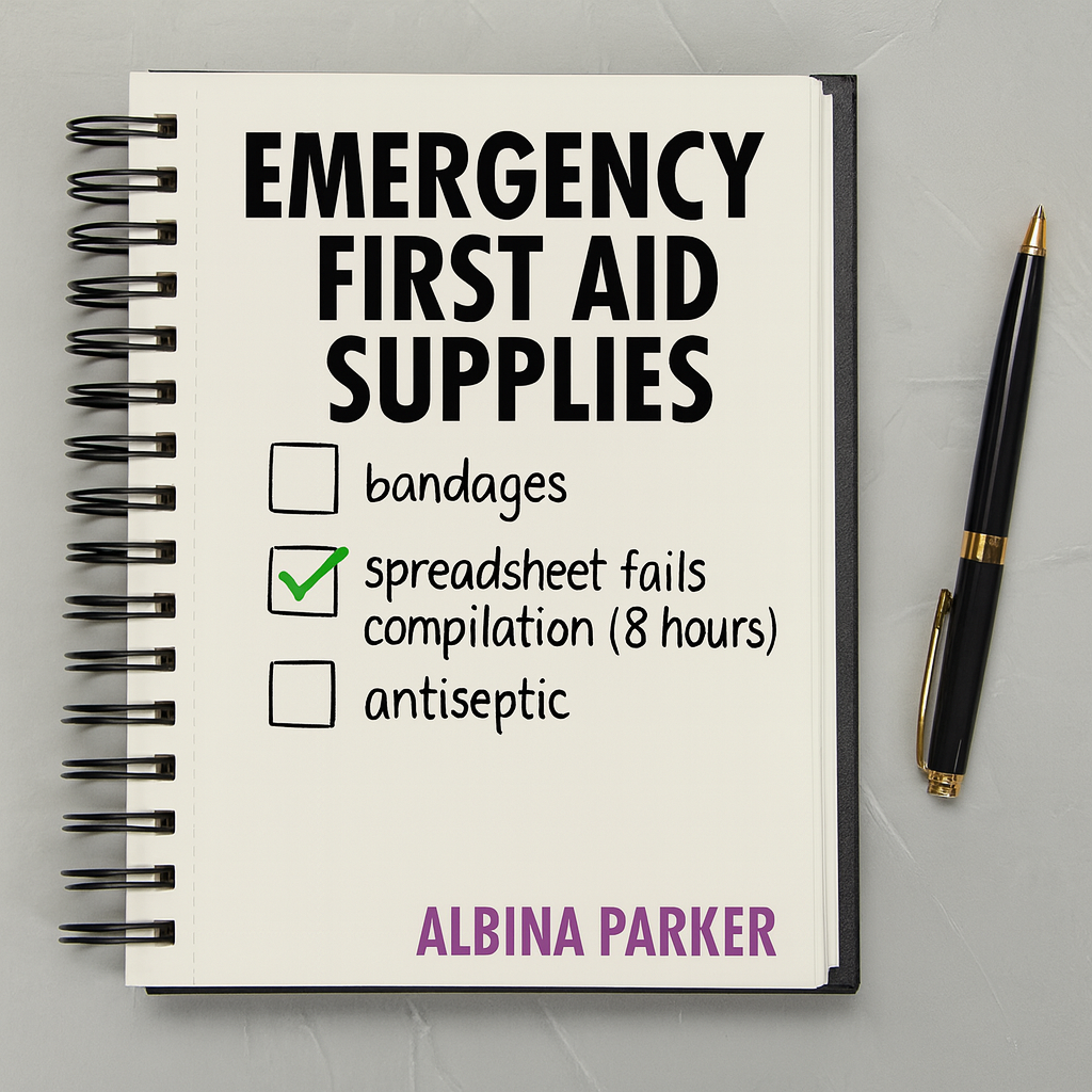 Emergency First Aid Supplies
[ ] bandages
[ ] painkillers
☑ spreadsheet fails compilation (8 hours)
[ ] antiseptic