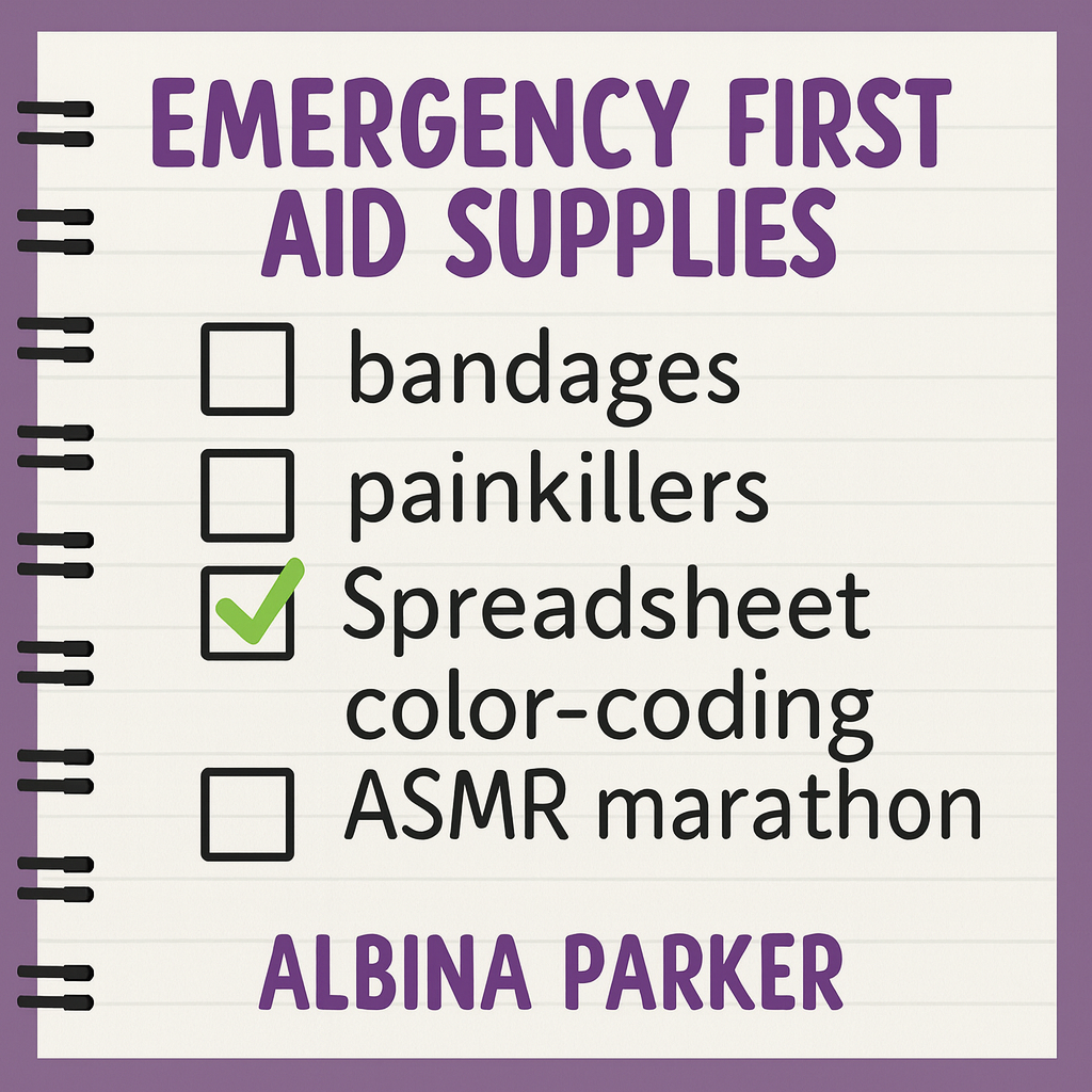 Emergency First Aid Supplies
[ ] bandages
[ ] painkillers
☑ Spreadsheet color-coding ASMR marathon
[ ] antiseptic