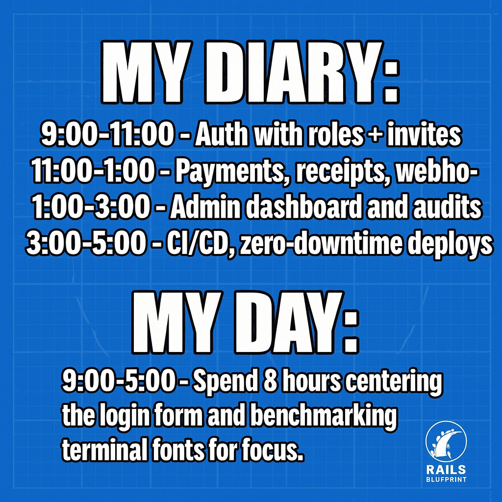 My Diary: "9:00-11:00 - Auth with roles + invites" "11:00-1:00 - Payments, receipts, webhooks" "1:00-3:00 - Admin dashboard and audits" "3:00-5:00 - CI/CD, zero-downtime deploys"

My Day: "9:00-5:00 - Spend 8 hours centering the login form and benchmarking terminal fonts for focus."