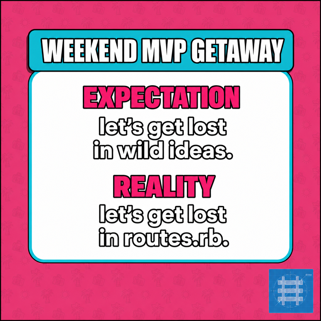 WEEKEND MVP GETAWAY

Expectation
let's get lost in wild ideas.

Reality
let's get lost in routes.rb.