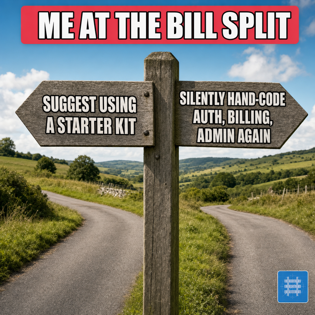Left sign: SUGGEST USING A STARTER KIT / Right sign: SILENTLY HAND-CODE AUTH, BILLING, ADMIN AGAIN