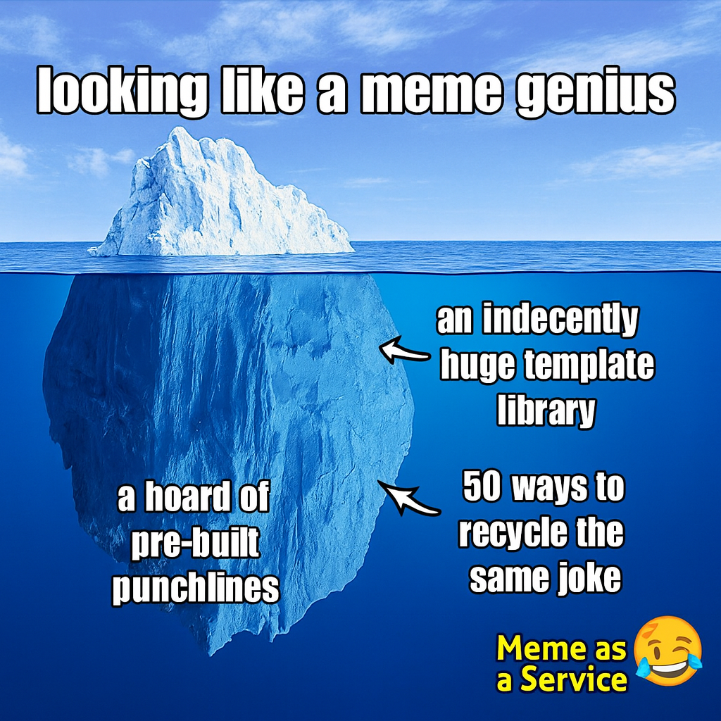 Tip of iceberg: looking like a meme genius / Underwater: an indecently huge template library, a hoard of pre-built punchlines, 50 ways to recycle the same joke