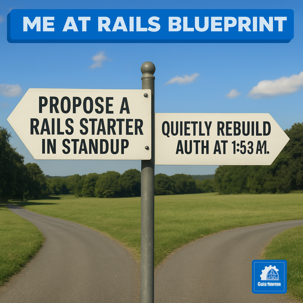 Left sign: Propose a Rails starter in standup / Right sign: Quietly rebuild auth at 1:53 a.m.