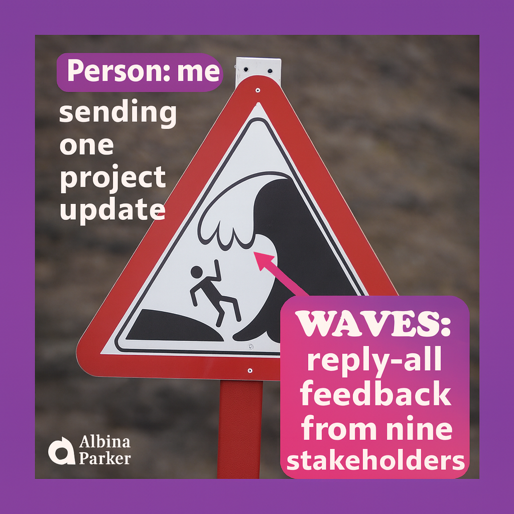 Person: me sending one project update / Waves: reply-all feedback from nine stakeholders
