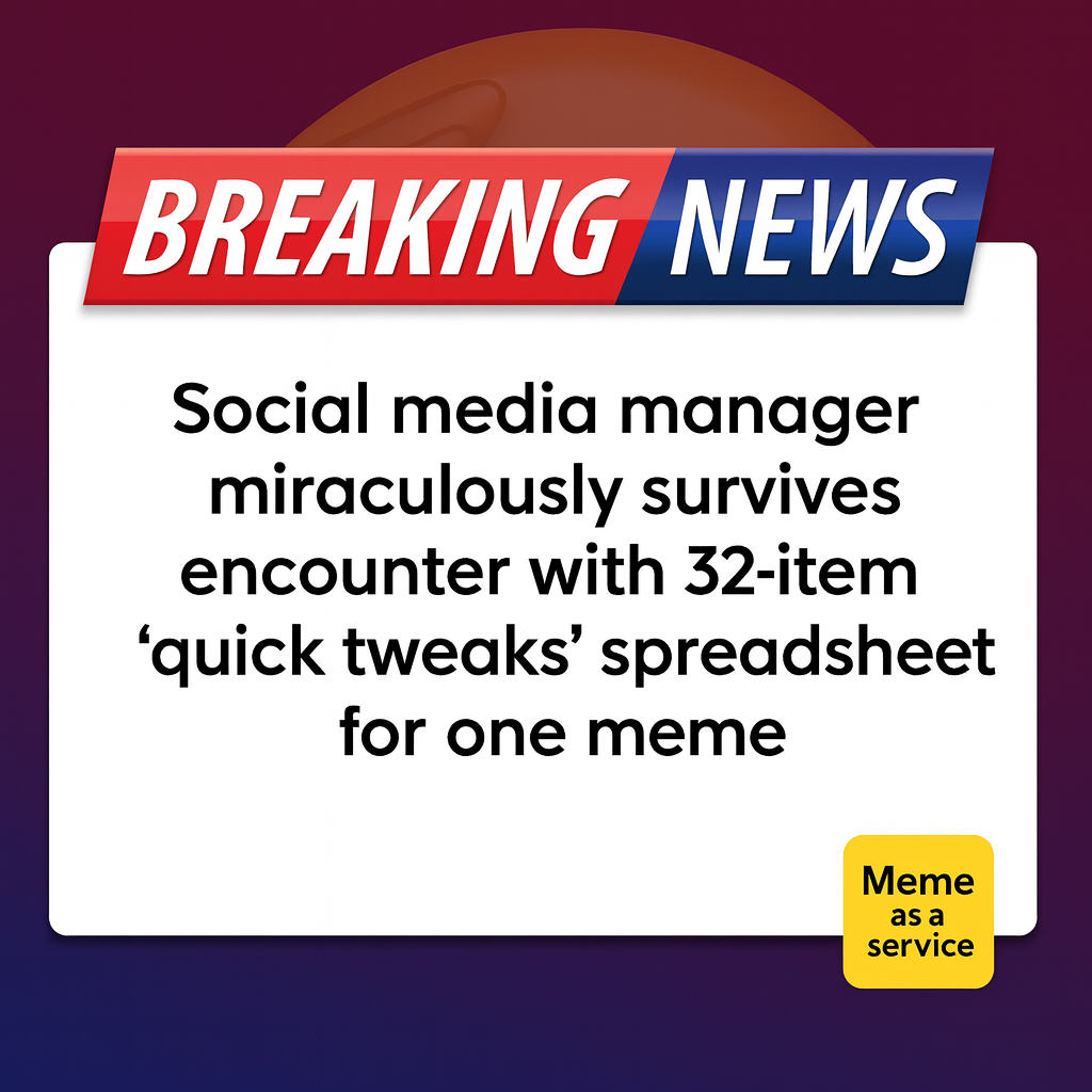 BREAKING: Social media manager miraculously survives encounter with 32-item 'quick tweaks' spreadsheet for one meme