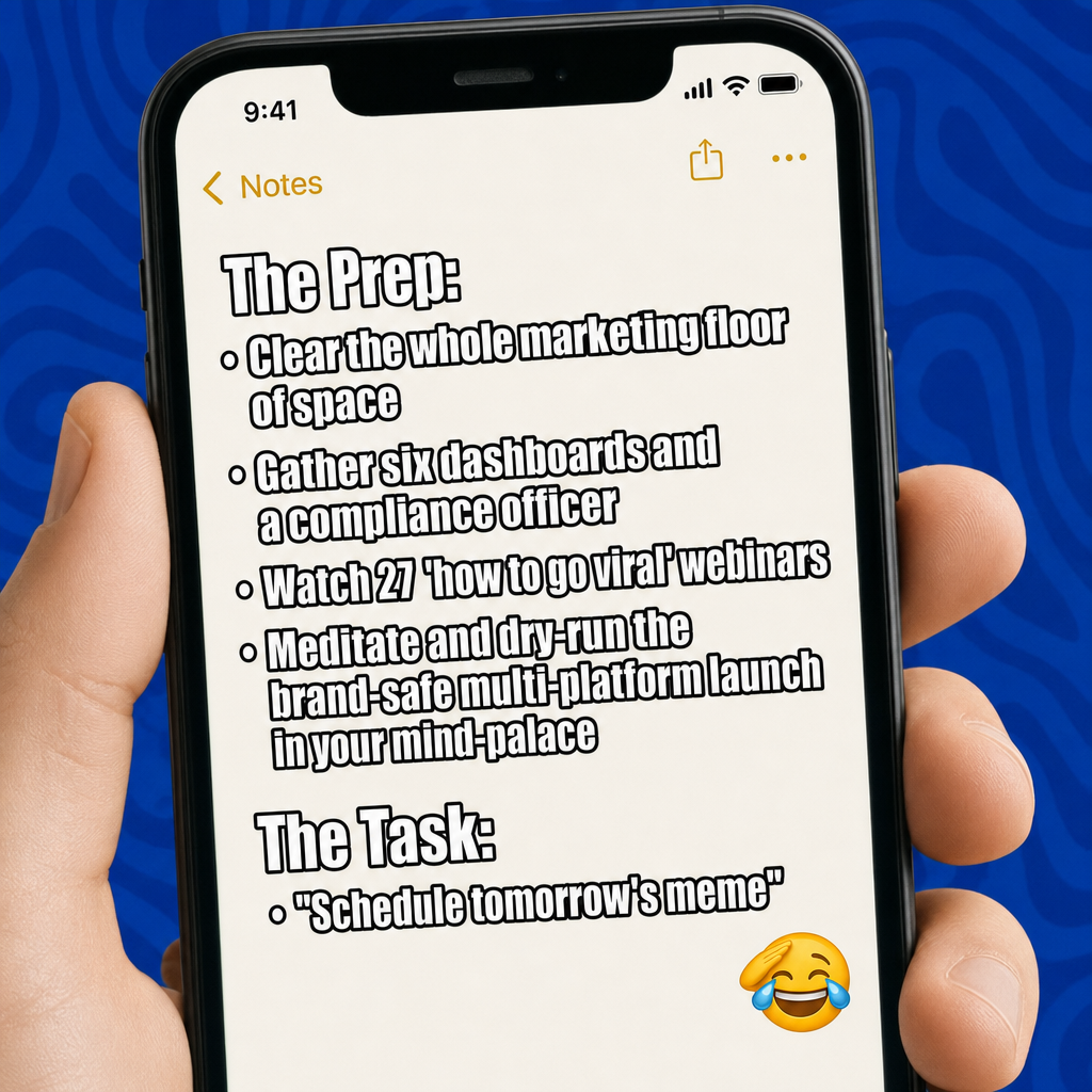 The Prep:
Clear the whole marketing floor of space
Gather six dashboards and a compliance officer
Watch 27 'how to go viral' webinars
Meditate and dry-run the brand-safe multi-platform launch in your mind-palace

The Task:
"Schedule tomorrow's meme"
