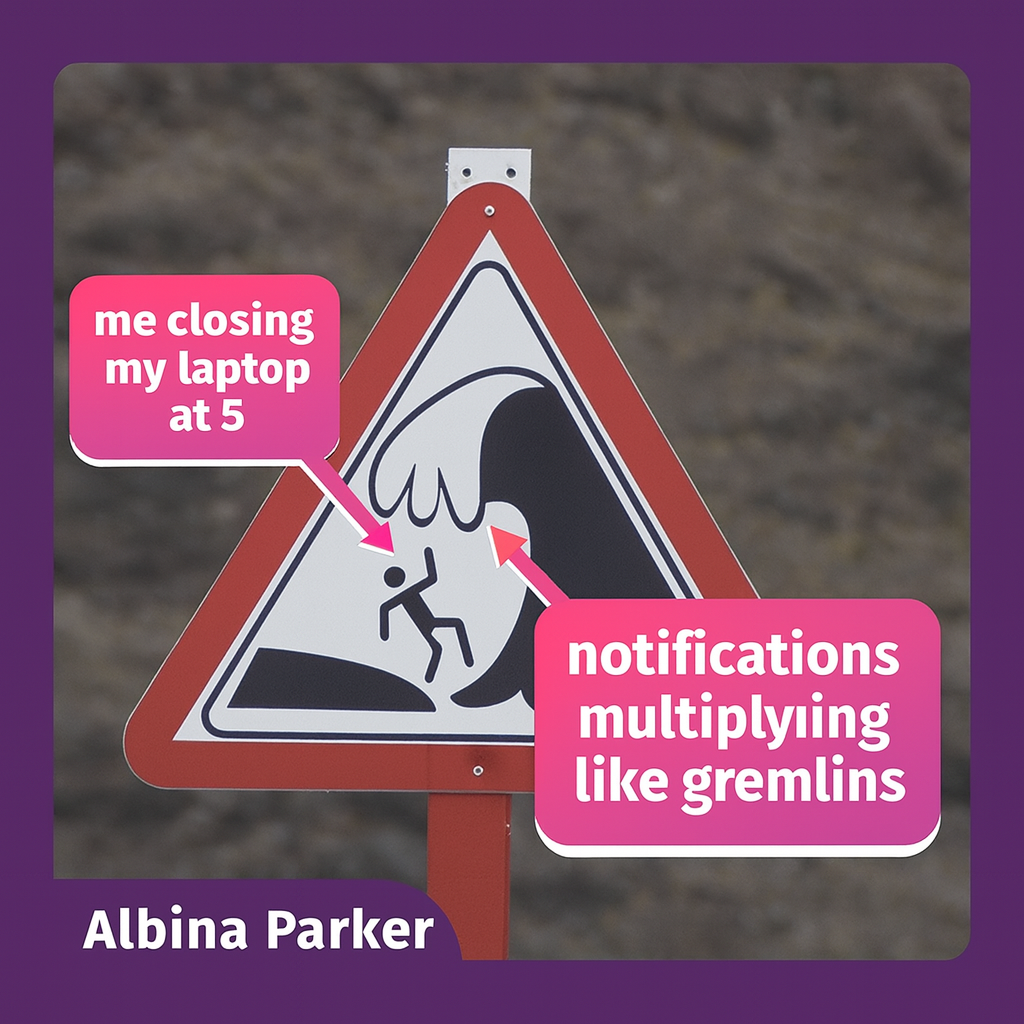 Person: me closing my laptop at 5 / Waves: notifications multiplying like gremlins