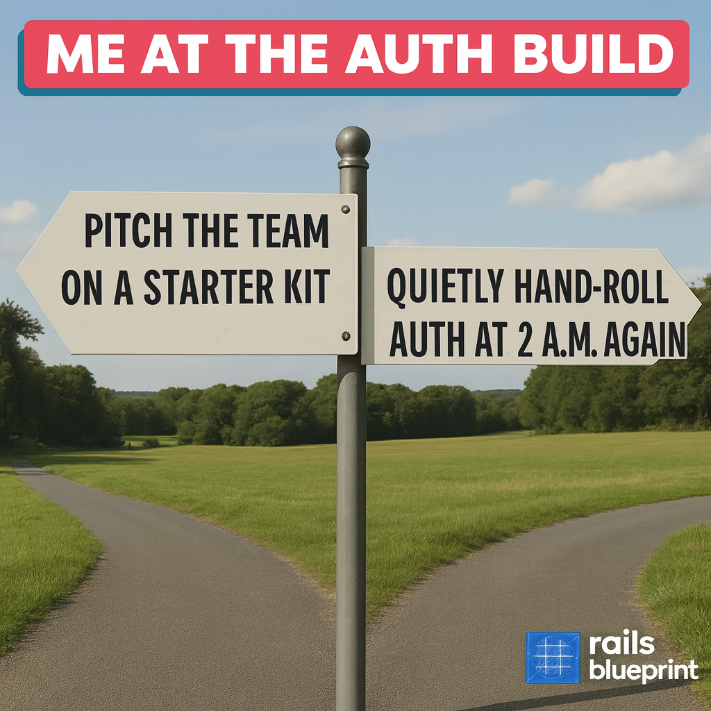 Left sign: Pitch the team on a starter kit / Right sign: Quietly hand-roll auth at 2 a.m. again