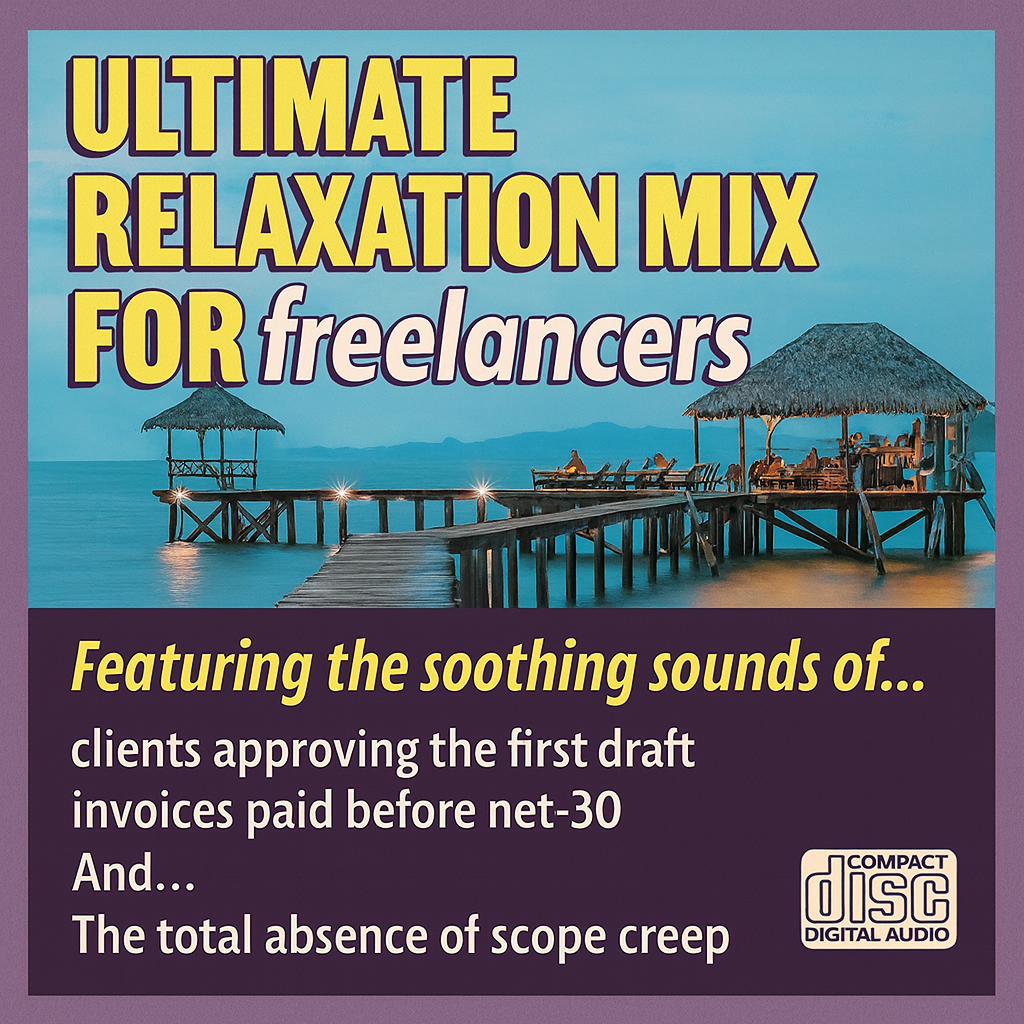 ULTIMATE RELAXATION MIX FOR freelancers
Featuring the soothing sounds of...
clients approving the first draft
invoices paid before net-30
And...
The total absence of scope creep at 4:59 PM