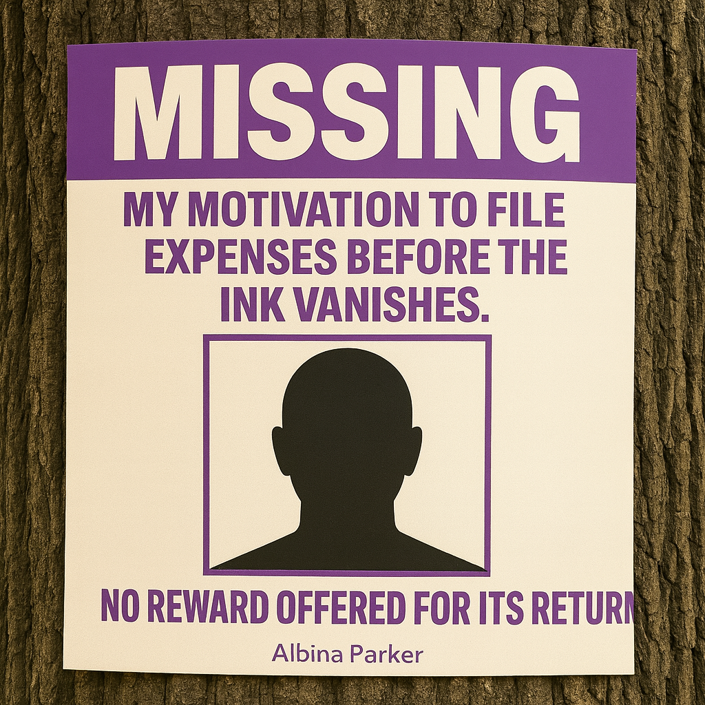 MISSING: My motivation to file expenses before the ink vanishes.

[PICTURE OF BLANK FACE OUTLINE SILHOUETTE]

No reward offered for its return.