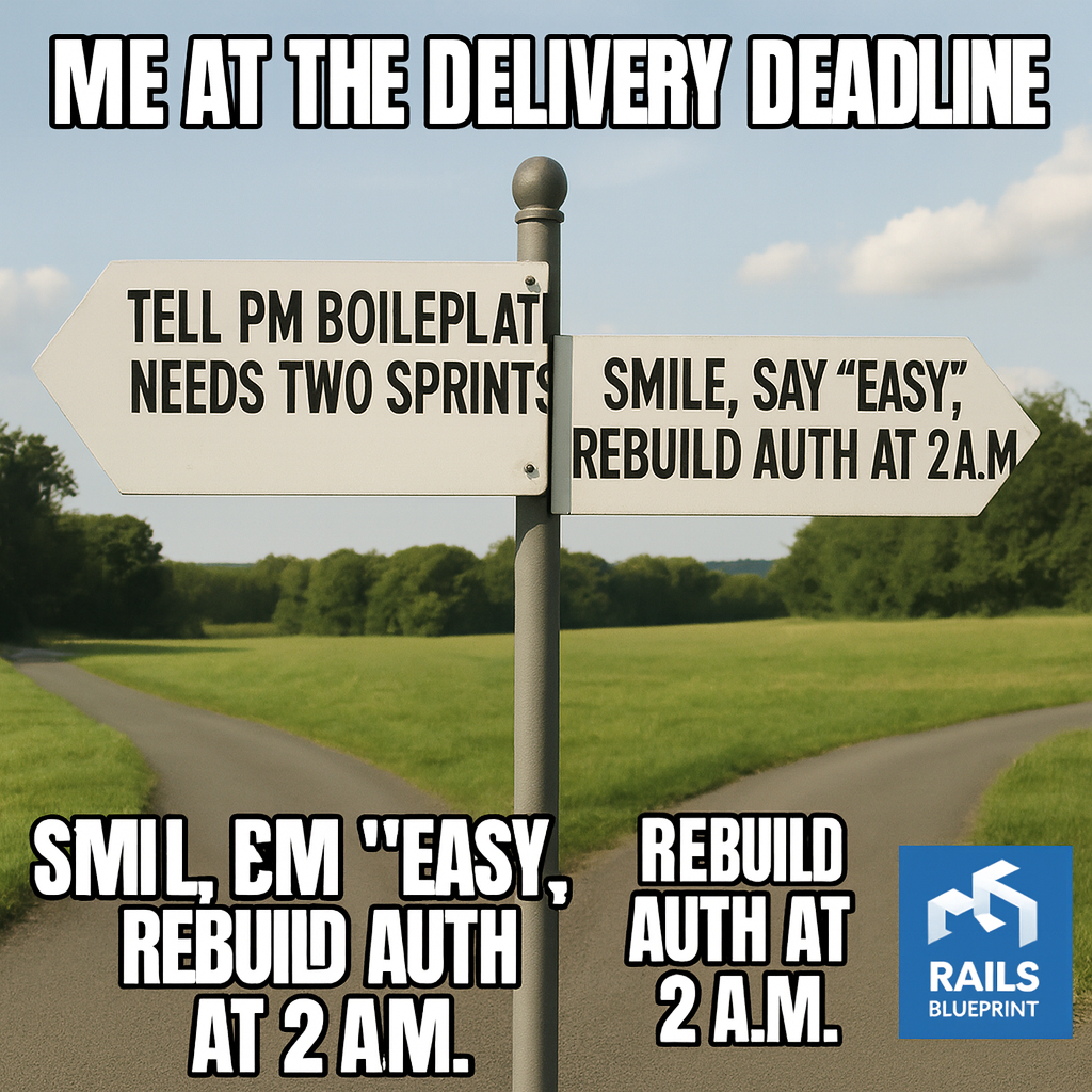 Left sign: Tell PM boilerplate needs two sprints / Right sign: Smile, say “easy,” rebuild auth at 2 a.m.