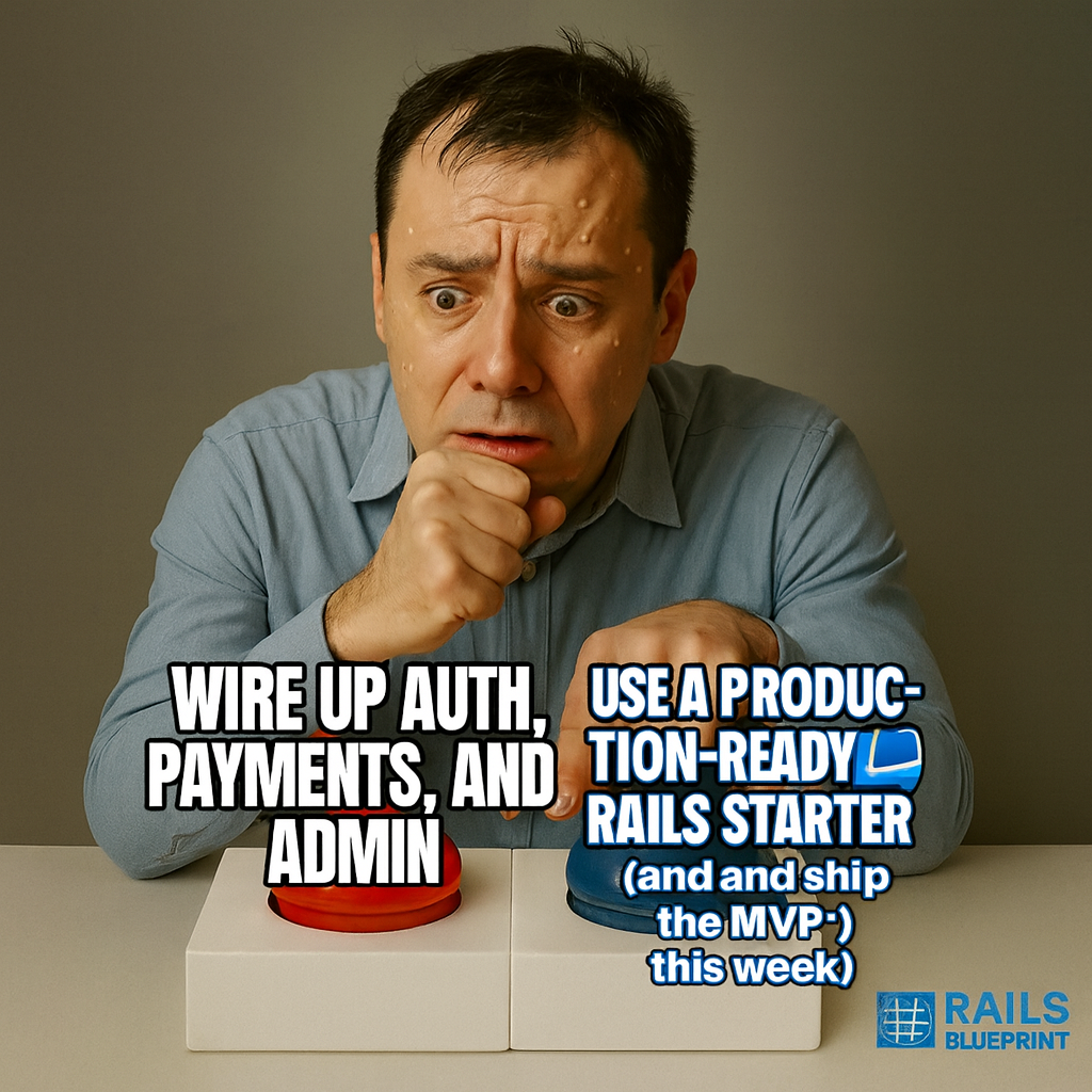 Button A: "Wire up auth, payments, and admin (and and delay launch to Q5)" Button B: "Use a production-ready Rails starter (and and ship the MVP this week)"
