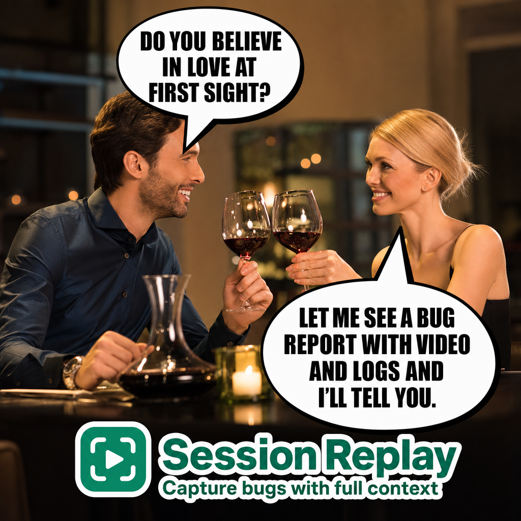 Man: Do you believe in love at first sight? Woman: Let me see a bug report with video and logs and I'll tell you.